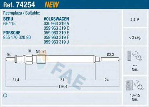 FAE 74254 Свеча накаливания для VOLKSWAGEN SCIROCCO (Фольксваген Сcироccо) FAE 74254 Свеча накаливания для VOLKSWAGEN SCIROCCO (Фольксваген Сcироccо)