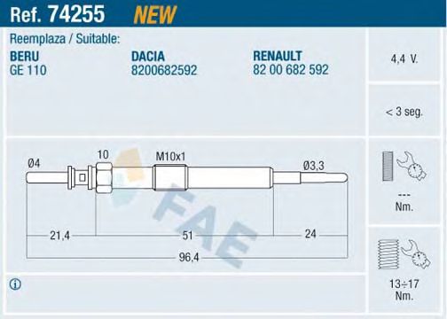 FAE 74255 Свеча накаливания для DACIA SANDERO (Дача Сандэро) FAE 74255 Свеча накаливания для DACIA SANDERO (Дача Сандэро)