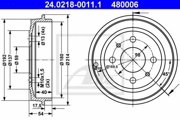 ATE 24.0218-0011.1 Тормозной барабан для FIAT 500 C (Фиат 500 c) ATE 24.0218-0011.1 Тормозной барабан для FIAT 500 C (Фиат 500 c)