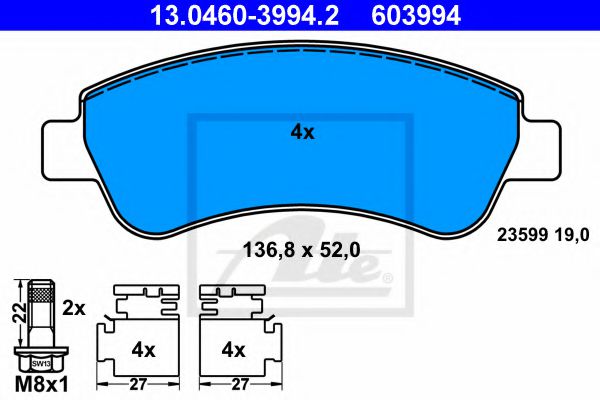 ATE 13.0460-3994.2 Тормозные колодки для CITROËN C4 CACTUS (CитроËн С4 кактус) ATE 13.0460-3994.2 Тормозные колодки для CITROËN C4 CACTUS (CитроËн С4 кактус)
