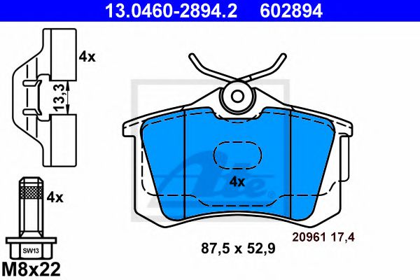 ATE 13.0460-2894.2 Тормозные колодки для AUDI TT (Ауди Тт) ATE 13.0460-2894.2 Тормозные колодки для AUDI TT (Ауди Тт)