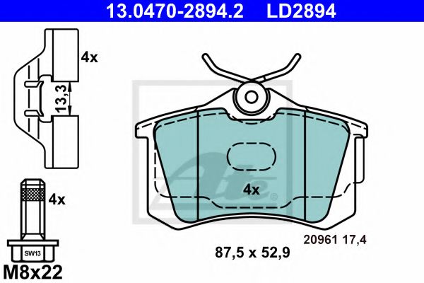 ATE 13.0470-2894.2 Тормозные колодки для AUDI TT (Ауди Тт) ATE 13.0470-2894.2 Тормозные колодки для AUDI TT (Ауди Тт)