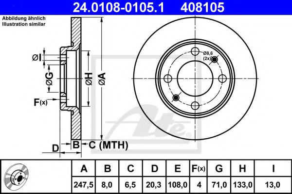 ATE 24.0108-0105.1 Тормозной диск для PEUGEOT 205 I (Пежо 205 и) ATE 24.0108-0105.1 Тормозной диск для PEUGEOT 205 I (Пежо 205 и)