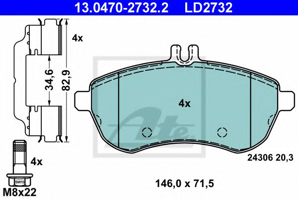 ATE 13.0470-2732.2 Тормозные колодки для MERCEDES-BENZ SLK (Мэрcэдэс-бэнз Слк) ATE 13.0470-2732.2 Тормозные колодки для MERCEDES-BENZ SLK (Мэрcэдэс-бэнз Слк)