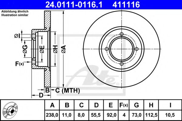 ATE 24.0111-0116.1 Тормозной диск для OPEL KADETT C (Опель Кадэтт c) ATE 24.0111-0116.1 Тормозной диск для OPEL KADETT C (Опель Кадэтт c)