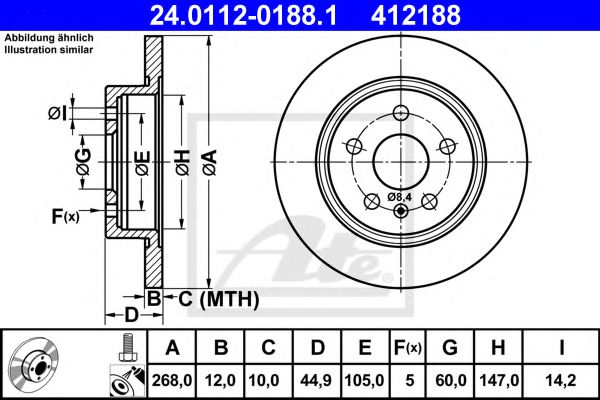 ATE 24.0112-0188.1 Тормозной диск для OPEL ASTRA GTC J (Опель Астра гтс) ATE 24.0112-0188.1 Тормозной диск для OPEL ASTRA GTC J (Опель Астра гтс)
