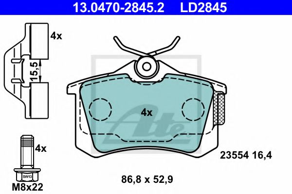 ATE 13.0470-2845.2 Тормозные колодки для RENAULT SCNIC I (Рено Сценик и) ATE 13.0470-2845.2 Тормозные колодки для RENAULT SCNIC I (Рено Сценик и)