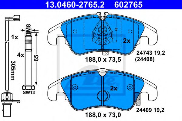 ATE 13.0460-2765.2 Тормозные колодки для AUDI A7 (Ауди А7) ATE 13.0460-2765.2 Тормозные колодки для AUDI A7 (Ауди А7)