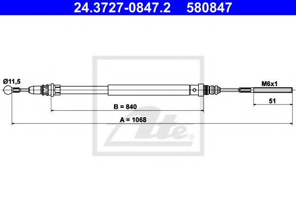 ATE 24.3727-0847.2 Трос, стояночная тормозная система для PEUGEOT (Пежо) ATE 24.3727-0847.2 Трос, стояночная тормозная система для PEUGEOT (Пежо)