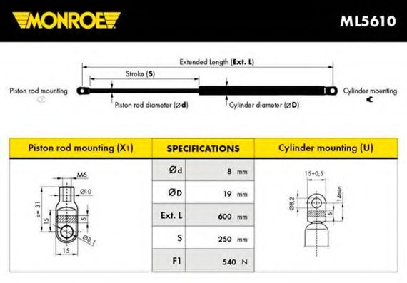 MONROE ML5610 Газовая пружина, крышка багажник для SEAT (Сеат) MONROE ML5610 Газовая пружина, крышка багажник для SEAT (Сеат)