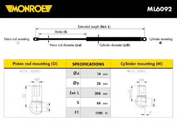 MONROE ML6092 Газовая пружина, крышка багажник для VOLVO V70 III (Вольво V70 3) MONROE ML6092 Газовая пружина, крышка багажник для VOLVO V70 III (Вольво V70 3)