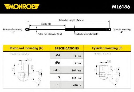MONROE ML6186 Газовая пружина, крышка багажник для VOLKSWAGEN PASSAT (Фольксваген Пассат) MONROE ML6186 Газовая пружина, крышка багажник для VOLKSWAGEN PASSAT (Фольксваген Пассат)