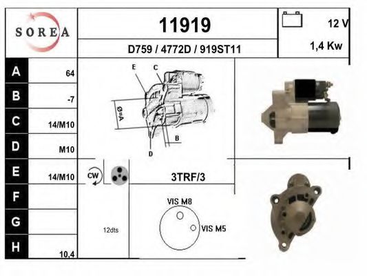 EAI 11919 Стартер для PEUGEOT 407 (Пежо 407) EAI 11919 Стартер для PEUGEOT 407 (Пежо 407)