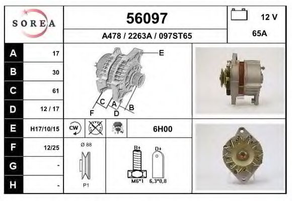 EAI 56097 Генератор для FIAT SUPERBRAVO (Фиат Супербраvо) EAI 56097 Генератор для FIAT SUPERBRAVO (Фиат Супербраvо)