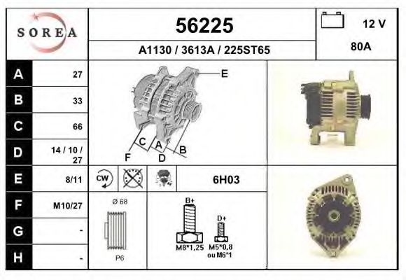 EAI 56225 Генератор для CITROËN DISPATCH (CитроËн Диспатч) EAI 56225 Генератор для CITROËN DISPATCH (CитроËн Диспатч)