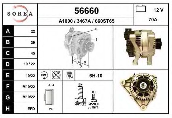 EAI 56660 Генератор для PEUGEOT 206 SW (Пежо 206 св) EAI 56660 Генератор для PEUGEOT 206 SW (Пежо 206 св)