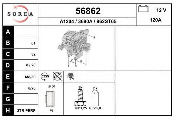 EAI 56862 Генератор для VOLVO S80 I (Вольво S80 1) EAI 56862 Генератор для VOLVO S80 I (Вольво S80 1)