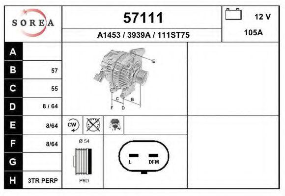 EAI 57111 Генератор для OPEL CORSA D (Опель Корса д) EAI 57111 Генератор для OPEL CORSA D (Опель Корса д)
