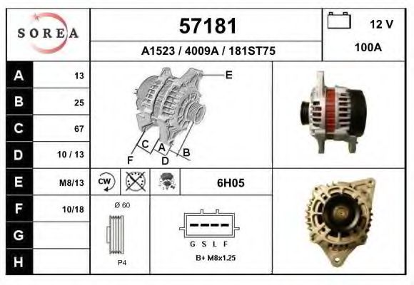 EAI 57181 Генератор для KIA OPTIMA (Киа Оптима) EAI 57181 Генератор для KIA OPTIMA (Киа Оптима)