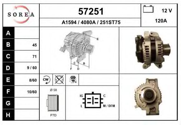 EAI 57251 Генератор для TOYOTA AVENSIS (Тойота/тоета Авенсис) EAI 57251 Генератор для TOYOTA AVENSIS (Тойота/тоета Авенсис)