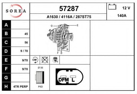 EAI 57287 Генератор для SKODA YETI (Шкода Йети) EAI 57287 Генератор для SKODA YETI (Шкода Йети)