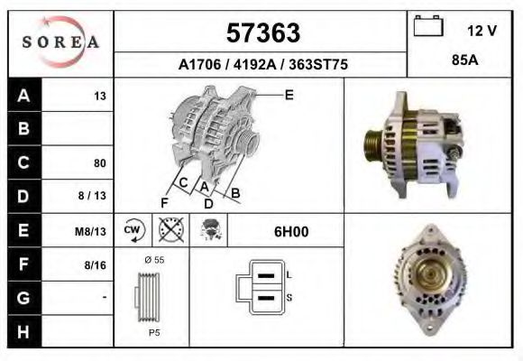 EAI 57363 Генератор для SUBARU IMPREZA (Субару Импреза) EAI 57363 Генератор для SUBARU IMPREZA (Субару Импреза)