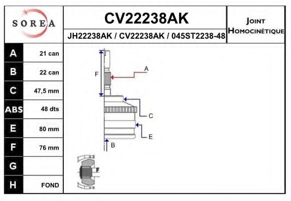 EAI CV22238AK Шарнирный комплект, приводной вал для PEUGEOT 106 (Пежо 106) EAI CV22238AK Шарнирный комплект, приводной вал для PEUGEOT 106 (Пежо 106)