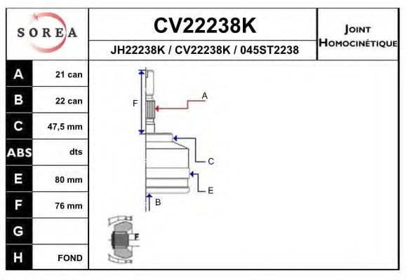 EAI CV22238K Шарнирный комплект, приводной вал для PEUGEOT 106 (Пежо 106) EAI CV22238K Шарнирный комплект, приводной вал для PEUGEOT 106 (Пежо 106)
