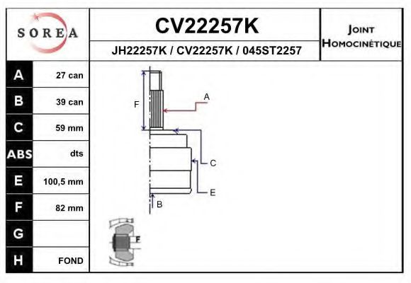 EAI CV22257K Шарнирный комплект, приводной вал для PEUGEOT 806 (Пежо 806) EAI CV22257K Шарнирный комплект, приводной вал для PEUGEOT 806 (Пежо 806)