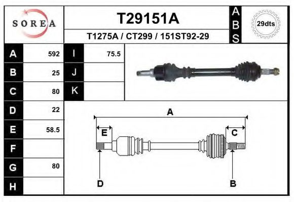EAI T29151A Приводной вал для PEUGEOT RANCH (Пежо Ранч) EAI T29151A Приводной вал для PEUGEOT RANCH (Пежо Ранч)