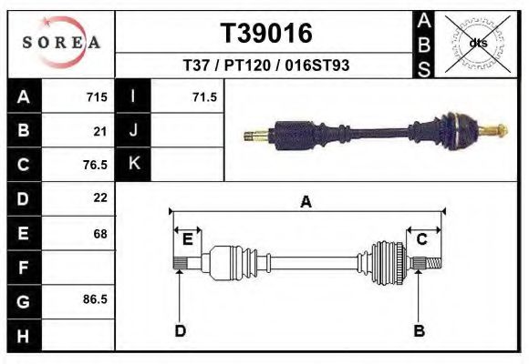 EAI T39016 Приводной вал для PEUGEOT 205 I (Пежо 205 и) EAI T39016 Приводной вал для PEUGEOT 205 I (Пежо 205 и)