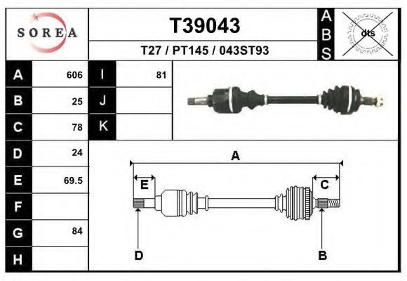 EAI T39043 Приводной вал для PEUGEOT (Пежо) EAI T39043 Приводной вал для PEUGEOT (Пежо)