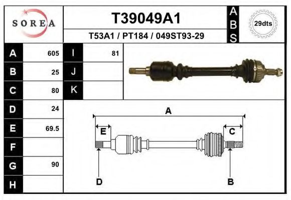 EAI T39049A1 Приводной вал для PEUGEOT 405 II (Пежо 405 2) EAI T39049A1 Приводной вал для PEUGEOT 405 II (Пежо 405 2)