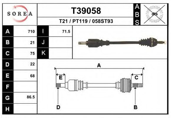 EAI T39058 Приводной вал для PEUGEOT 205 I (Пежо 205 и) EAI T39058 Приводной вал для PEUGEOT 205 I (Пежо 205 и)