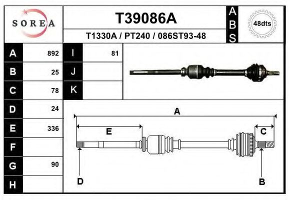 EAI T39086A Приводной вал для PEUGEOT (Пежо) EAI T39086A Приводной вал для PEUGEOT (Пежо)