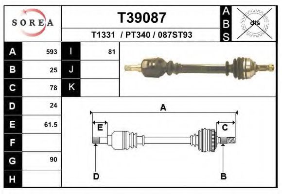 EAI T39087 Приводной вал для PEUGEOT 206 CC (Пежо 206 сс) EAI T39087 Приводной вал для PEUGEOT 206 CC (Пежо 206 сс)