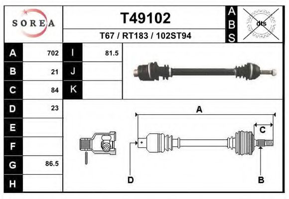 EAI T49102 Приводной вал для RENAULT CLIO I (Рено Cлио и) EAI T49102 Приводной вал для RENAULT CLIO I (Рено Cлио и)