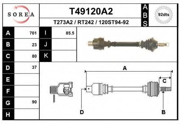 EAI T49120A2 Приводной вал для RENAULT (Рено) EAI T49120A2 Приводной вал для RENAULT (Рено)