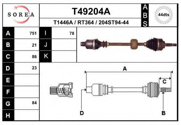 EAI T49204A Приводной вал для RENAULT MEGANE I (Рено Меган 1) EAI T49204A Приводной вал для RENAULT MEGANE I (Рено Меган 1)