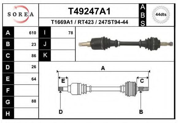 EAI T49247A1 Приводной вал для RENAULT (Рено) EAI T49247A1 Приводной вал для RENAULT (Рено)