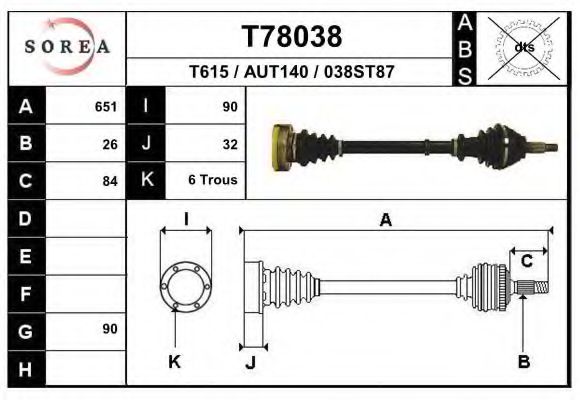 EAI T78038 Приводной вал для AUDI 100 (Ауди 100) EAI T78038 Приводной вал для AUDI 100 (Ауди 100)