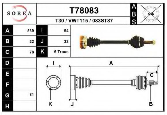 EAI T78083 Приводной вал для VOLKSWAGEN (Фольксваген) EAI T78083 Приводной вал для VOLKSWAGEN (Фольксваген)