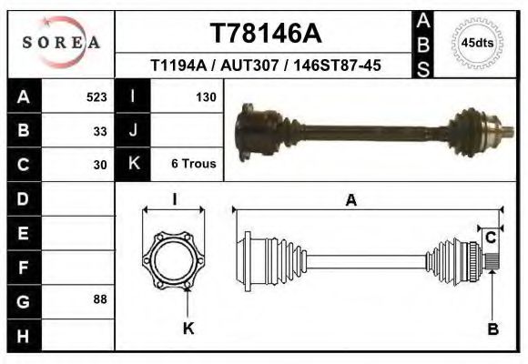 EAI T78146A Приводной вал для AUDI 90 (Ауди 90) EAI T78146A Приводной вал для AUDI 90 (Ауди 90)