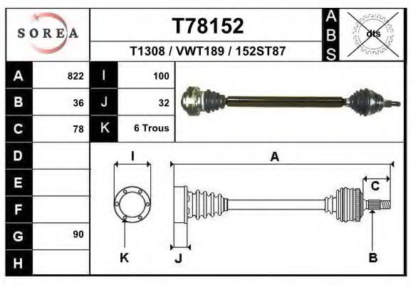 EAI T78152 Приводной вал для VOLKSWAGEN GOLF IV (Фольксваген Гольф 4) EAI T78152 Приводной вал для VOLKSWAGEN GOLF IV (Фольксваген Гольф 4)