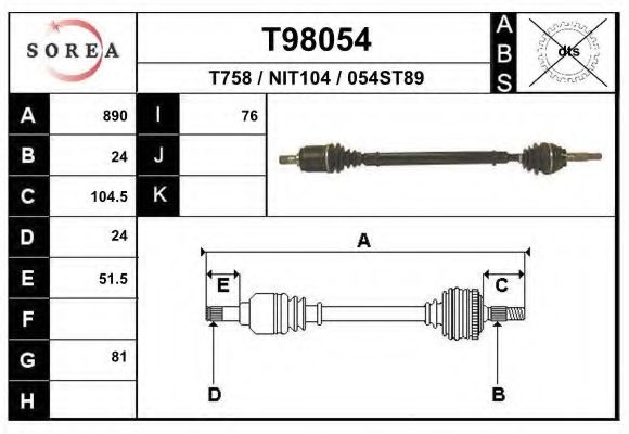 EAI T98054 Приводной вал для NISSAN (Ниссан) EAI T98054 Приводной вал для NISSAN (Ниссан)
