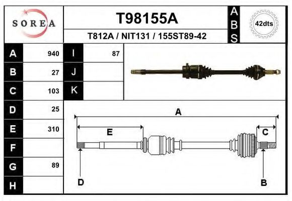 EAI T98155A Приводной вал для NISSAN (Ниссан) EAI T98155A Приводной вал для NISSAN (Ниссан)