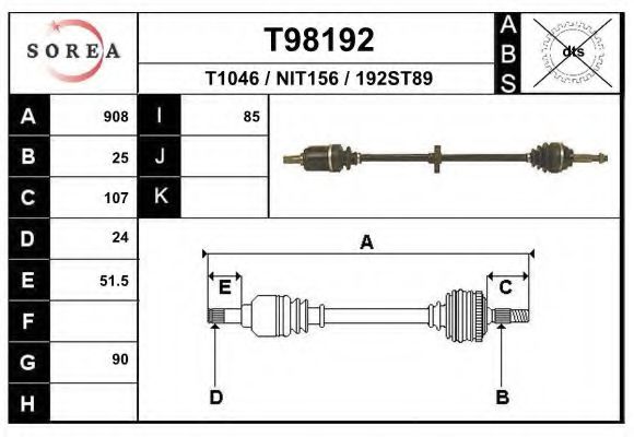 EAI T98192 Приводной вал для NISSAN NX/NXR (Ниссан Нx/нxр) EAI T98192 Приводной вал для NISSAN NX/NXR (Ниссан Нx/нxр)