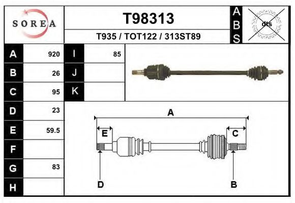 EAI T98313 Приводной вал для TOYOTA COROLLA SECCA (Тойота/тоета Королла сесса) EAI T98313 Приводной вал для TOYOTA COROLLA SECCA (Тойота/тоета Королла сесса)