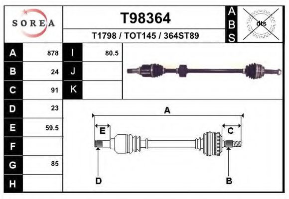EAI T98364 Приводной вал для TOYOTA ECHO VERSO (Тойота/тоета Эчо vэрсо) EAI T98364 Приводной вал для TOYOTA ECHO VERSO (Тойота/тоета Эчо vэрсо)