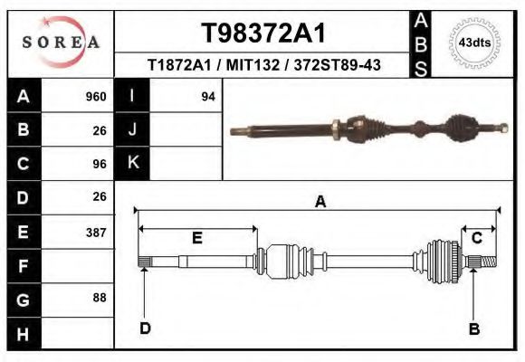 EAI T98372A1 Приводной вал для MITSUBISHI SPACE STAR (Митсубиши/митсубиси Спэйс стар) EAI T98372A1 Приводной вал для MITSUBISHI SPACE STAR (Митсубиши/митсубиси Спэйс стар)